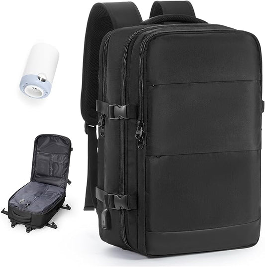 VECAVE Vacuum Travel Backpack with Pump for Women, Personal Item Carry on Backpacks Flight Approved 18x14x8 inches for Men,Laptop Waterproof Work Compression bags Casual Daypack,Black.