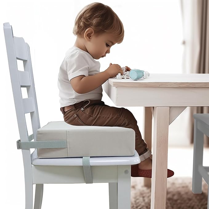 Toddler Booster Seat Dining Table Kitchen Chair, Waterproof Anti-Scratch PU Cushion, Non-Slip Bottom, Adjustable Buckle Straps, Easy Clean Portable Seat Cushion (Light Gray)