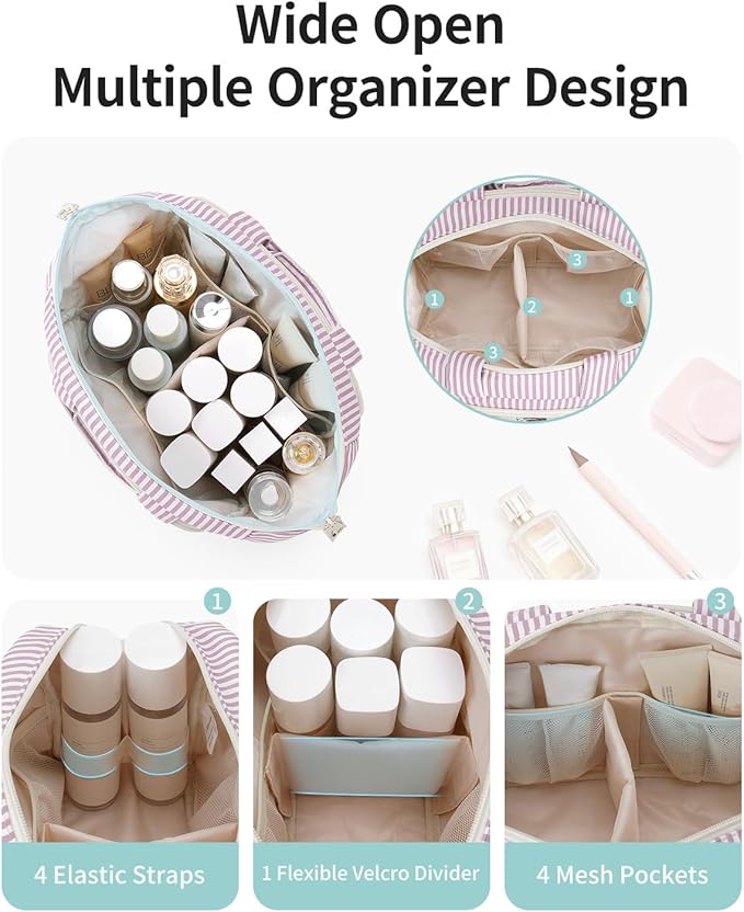 Narwey Travel Toiletry Bag for Women, Wide Open Large Makeup Bag, Cosmetic Bag Make Up Organizer with Handle, Wet Pocket for Towel, Travel Bag for Toiletries, Brushes, Essentials (Dusty Pink Stripe)