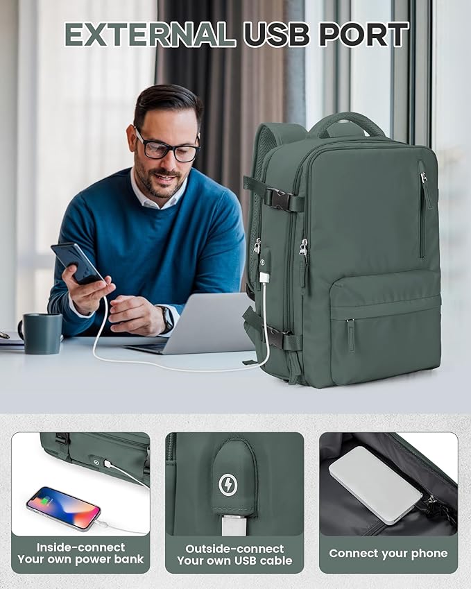 VECAVE Vacuum Travel Backpack with Pump for Women, Personal Item Carry on Backpacks Flight Approved 18x14x8 inches for Men,Laptop Waterproof Work Compression bags Casual Daypack. (Green)