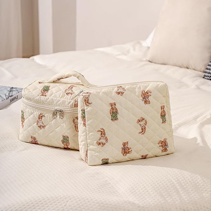uekeboag Large Travel Quilted Makeup Bag for Women, Floral Cotton Cosmetic Bag, Coquette Aesthetic Floral Toiletry Organizer Bag