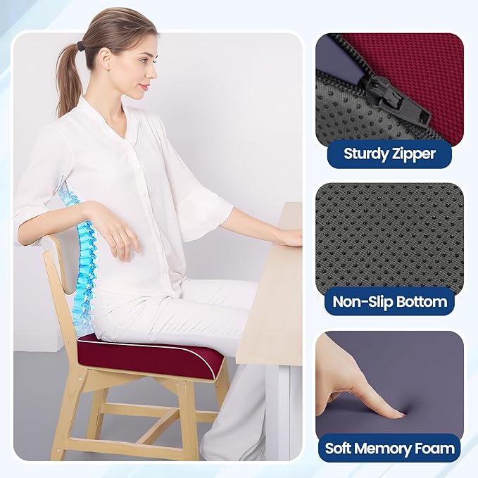 Seat Cushion for Tailbone Pain Relief, Office Chair Cushion, Memory Foam Large Chair Cushion with Non-Slip Cover for Soft Support at Office Chair, Car Seat, Airplane Red/2X-Large