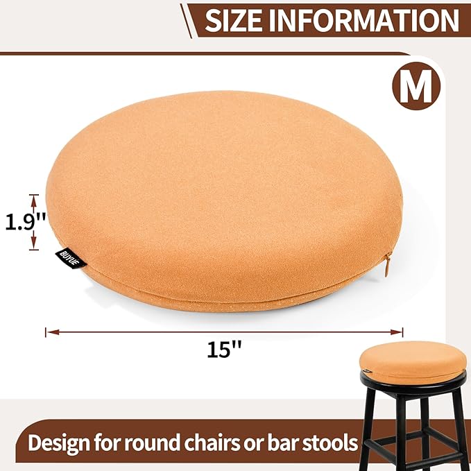 BUYUE Memory Foam Seat Cushion, Dia 15" Soft Velvet Round Stool Cushion Anti-Slip Chair Pads, M, Orange