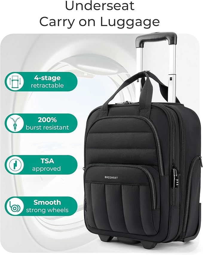 BAGSMART Small Underseat Carry on Luggage with Wheels, 16 inch Small Under Seat Luggage, Lightweight Travel Suitcase for Women, Classic