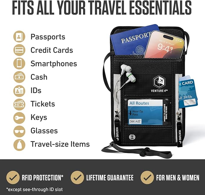 VENTURE 4TH Neck Wallet for Women & Men – RFID Blocking Passport Holder for Travel, Hidden Neck Pouch with 6 Compartments, Slim Lightweight Travel Organizer with Adjustable Strap (Black)