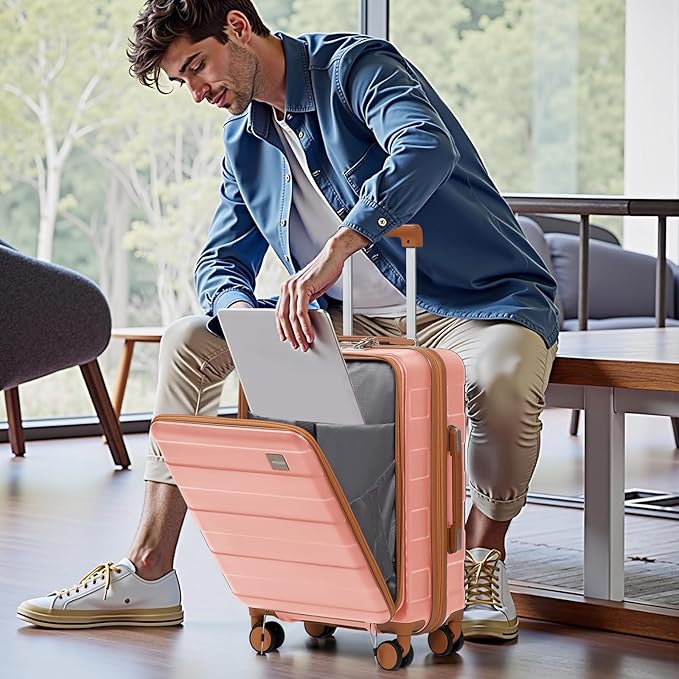 imiomo Carry on Luggage Airline Approved with Front Pocket and USB Port, Hard Shell 20 Inch Travel Carry-on Suitcase with Spinner Wheels and TSA Lock, Pink