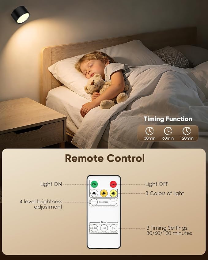 LED Wall Mounted Lights 2 Pcs with Remote, Rechargeable Wall Sconce with 3 Color Temps & Dimmable Magnetic 360° Rotation Cordless Light for Bedroom Reading Bedside (Black, 1 Pack)