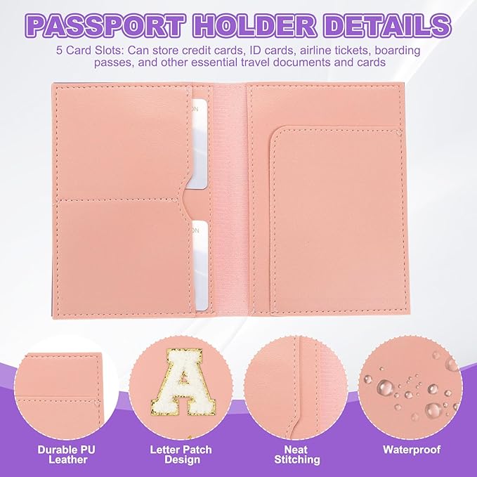 PATIKIL Passport Holder for Travel, Initial Passport Cover and Luggage Tag Set with Alphabet Chenille Letter Patch Travel Wallet Bag Suitcase Identifier for Women Family Travel Pink A