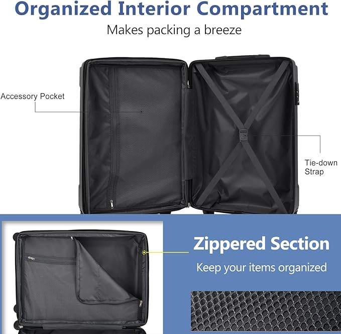 28 Inch Checked-Large Luggage, Lightweight ABS Hard Shell Suitcase with Spinner Wheels, Expandable Travel Luggage with Combination Lock & Side Hooks for Men Women (Sky Blue, 28)
