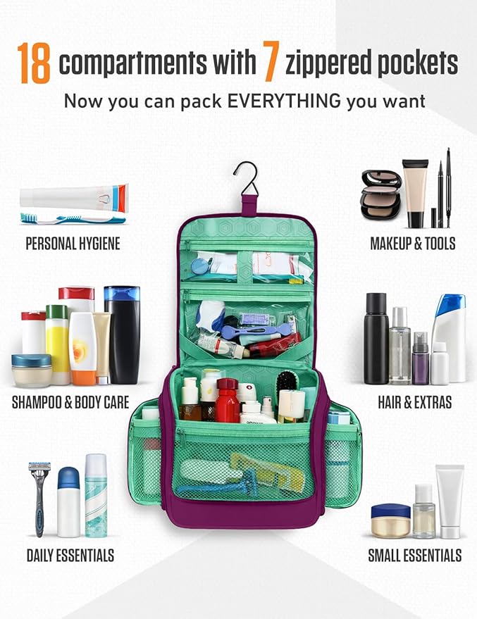 VENTURE 4TH Hanging Travel Toiletry Bag for Women & Men – Large Toiletry Organizer with 18 Compartments, Removable TSA Pouch, Travel Wash Bag for Toiletries, Makeup & Shaving Kit (Purple/Mint)