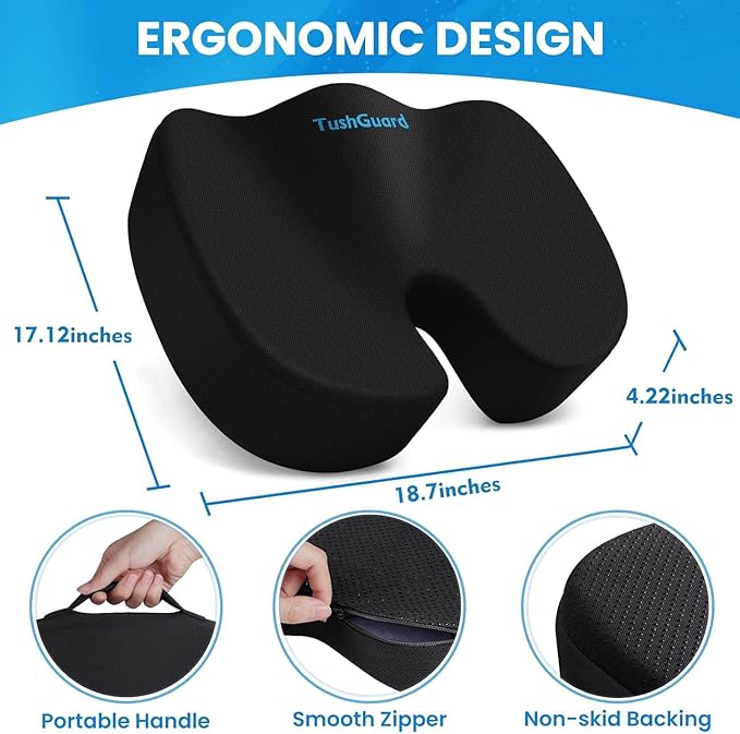 TushGuard Seat Cushion, Office Chair Cushions, Car Seat Cushion, Non-Slip Sciatica & Back Coccyx Tailbone Pain Relief Chair Pad, Memory Foam Butt Pillow for Computer Desk, Office Chair(Black, XXL)