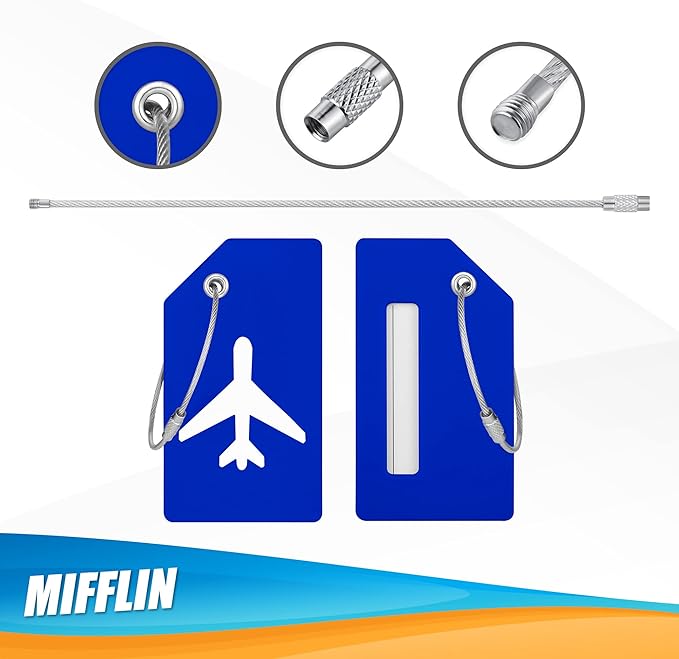 Mifflin-USA Silicone Luggage Tags (Blue, 2 Pack) with Plane Embedded Design & Name ID Card; Bright Colors to Quickly Find Your Bag