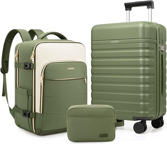 Luggage Sets 3 Piece, Carry On Luggage 20In With Spinner Wheels,PC Hardside Suitcase Set with TSA Lock,Durable Carry On Suitcase With Travel Backpack for Men (Military Green, 3 piece set (BP/20inch))
