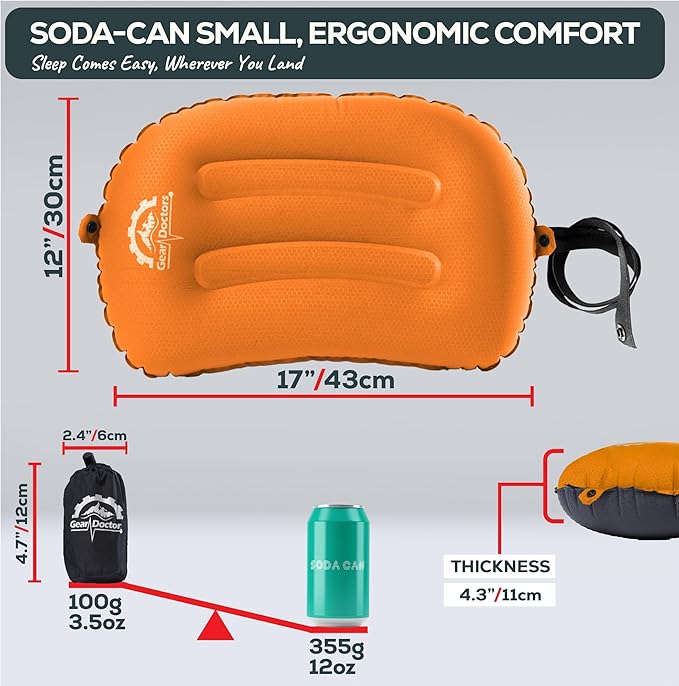 Gear Doctors 3.5oz Compact Ultralight Inflatable Camping Pillow—Inflatable Camp Pillow—Backpacking Pillows Ultralight—Camping Pillows for Sleeping, Hiking, Travel, Beach, Office, Neck, Lumper [Orange]