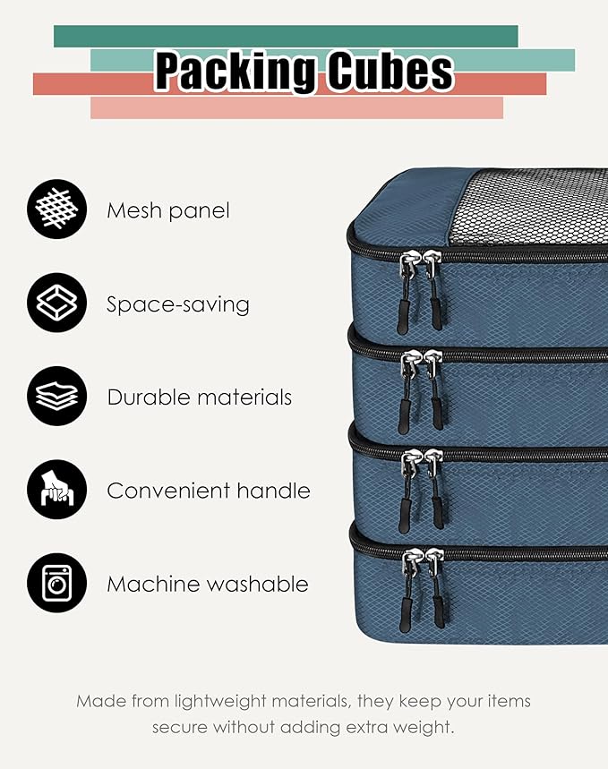 4-Piece Packing Cubes Travel Accessories Set for Suitcases - Luggage Organizer Bags with Double Zipper - Mesh Top - Medium - Dark Blue