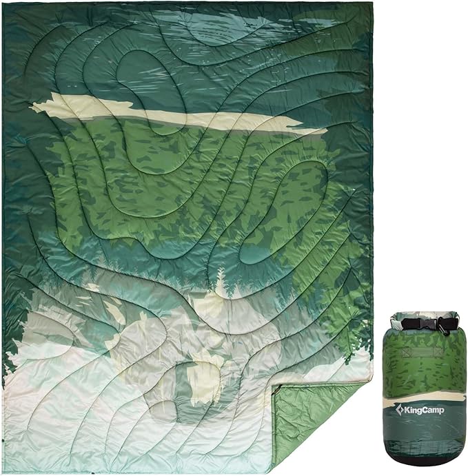 KingCamp Ultralight Camping Blanket, Packable Down Alternative Puffy Printed Wearable Blanket with Snap Buttons & Corner Loops Weatherproof Quilt for Outdoor Travel Stadium (78.7"L x 57.1"W, GREEN)