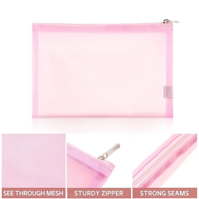 EASYFUN Mesh Pouch, Make up Bag with Zipper Cosmetic Organizer Pouch for Daily or Travel to Keep Small Items, 4 PCS Pink