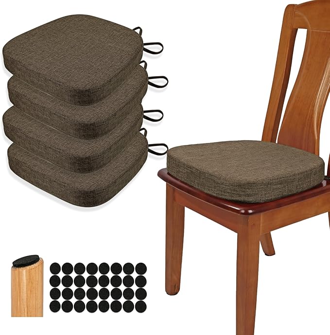 BUYUE Thickened 2.5" Dining Chair Cushions Set of 4, U-Shape High Density Foam Comfortable Chair Pads for Kitchen, Slip Resistant Indoor Seat Cushions (4 PCS, Brown)