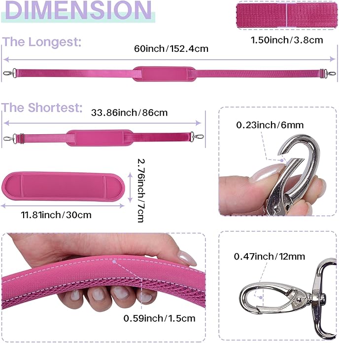 60 Inch Shoulder Strap with Removable Ultra-Thick Pad，Adjustable Buckles and Metal Hooks