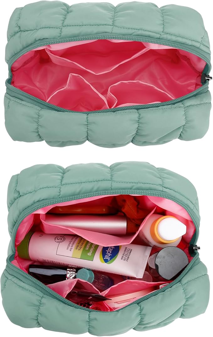 E-Tree Cute Makeup Bag,Quilted Cosmetic Bag,Make up Pouch for Purse,Toiletry Zipper Pouch,Checkered Bag,Travel Case,Storage Pouches for Organization (Green)