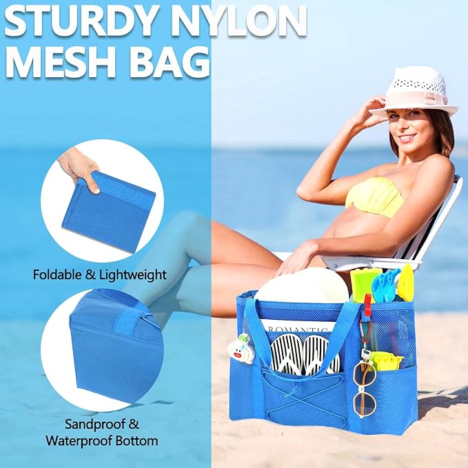 Fammart Mesh Beach Bag, Large Beach Tote with Zipper Pocket, Toys Pool Bag for Family Travel Vacation Cruise Essentials
