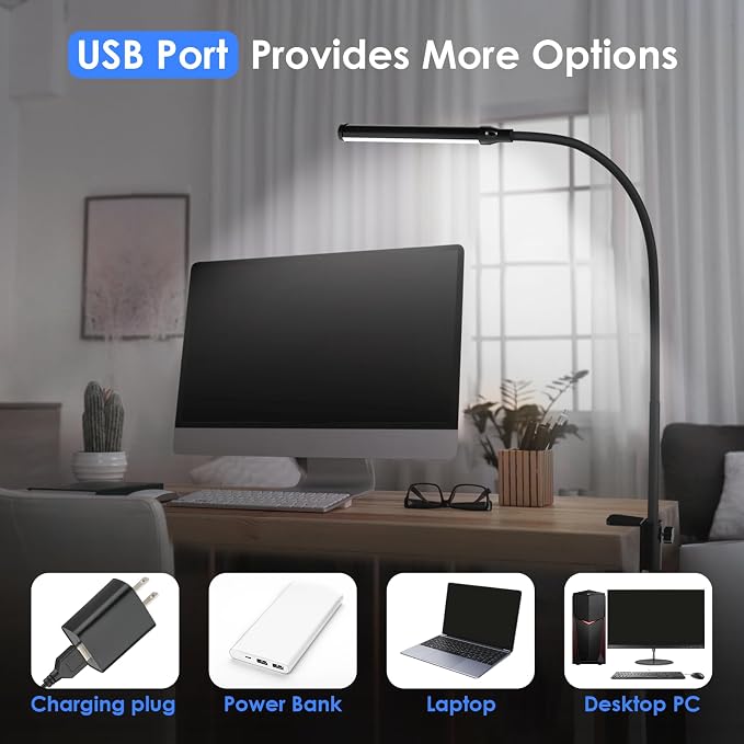 ShineTech LED Desk Lamp with Clamp, 5000K Clip On Desk Lamp for Home Office | 11 Brightness Level,360°Flexible Gooseneck Architect Desk Light, Eye Caring Reading Lamp with USB Adapter