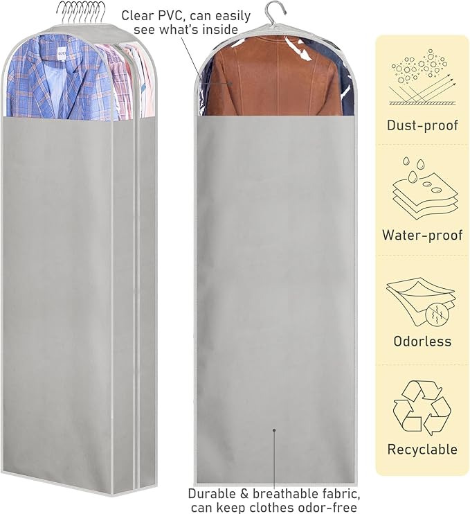 MISSLO 10" Gusseted Garment Bags for Hanging Clothes 40"+60" Clear Suit Bags for Closet Storage Dress Bag for Gowns Long Coat Protector, 3 Packs, Grey