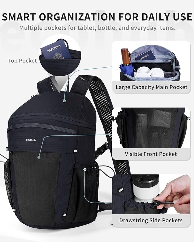 ECOHUB 15L Lightweight Casual Daypack, Packable Backpack for Daily Use, Hiking & Travel, Foldable Small Backpack with Stretch Mesh Pockets, Water-Resistant Nylon, Reflective Design
