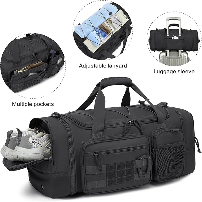 3 in 1 Tactical Gym Bag Backpack for Men 40-45L Expandable Travel Duffle Bag for Women Large Military Sport Duffel Bags Weekend Overnight with Shoe Compartment & Wet Pocket for Fitness, Black