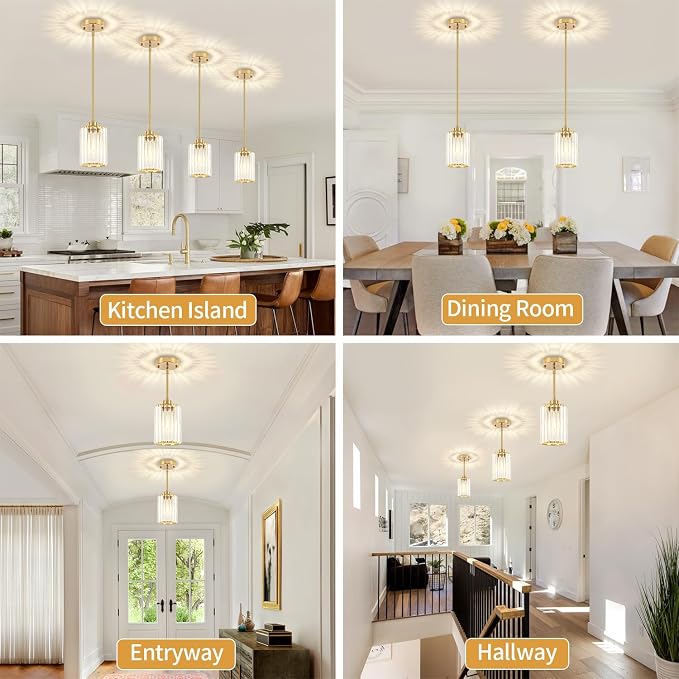 Brushed Brass Crystal Pendant Lights for Kitchen Island 1 Pack | Modern Hanging Kitchen Light Fixtures, Adjustable Pendant Lighting for Dining Room Bathroom Over Island Table Sink