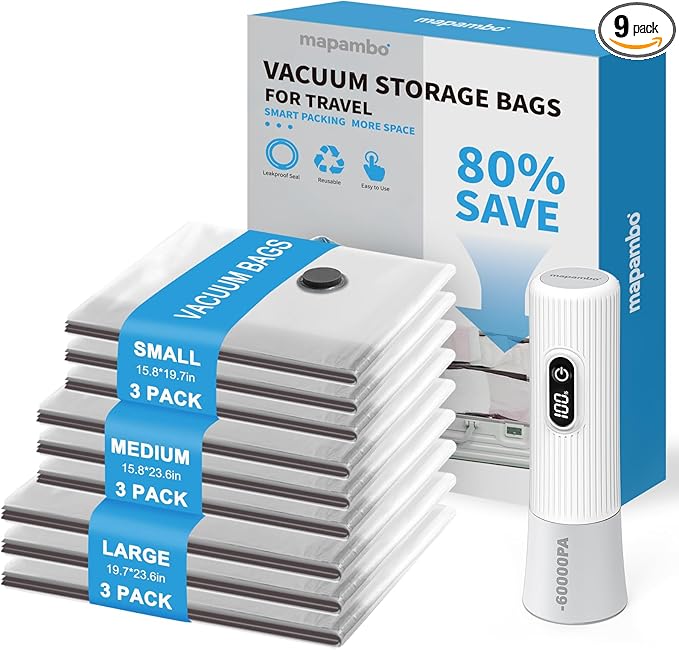Mapambo Travel Vacuum Bags with -60000Pa LED Electric Pump, 9 Pack Vacuum Seal Bags for Clothing Travel in 3 Combo sizes, Space Saver Vacuum Storage Bags, Saving up to 80% of Space (9 Combo Size)