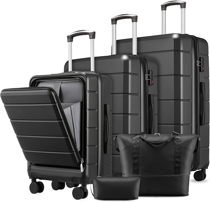 5 Piece Luggage Set Hardside Expandable Suitcase with TSA Lock Spinner Wheels Lightweight Travel Set Includes Tote and Toiletry Bag, (5 Piece Sets, Black)
