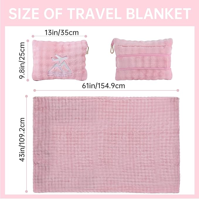 Travel Blanket and Pillow-2-in-1, Ultra-Soft&Compact, Airplane Blanket with Hand Luggage Belt and Backpack Clip,Travelers Accessories Gifts, 61x43 Inches(Pink