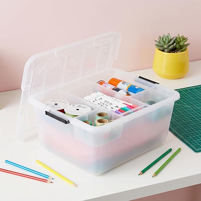 IRIS USA Clip Box with Removable Tray and Latching Lids, 18 Quart Craft Storage Bins, Art & Writing Supply Containers for Home, Office & Classroom Organization