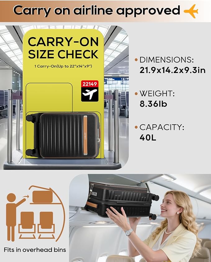 Joyway Carry on Luggage Airline Approved with Front Compartment and Cup Holder, 20 Inch Hard Shell Carry-on Suitcase with Spinner Wheels and TSA Lock for Women Men
