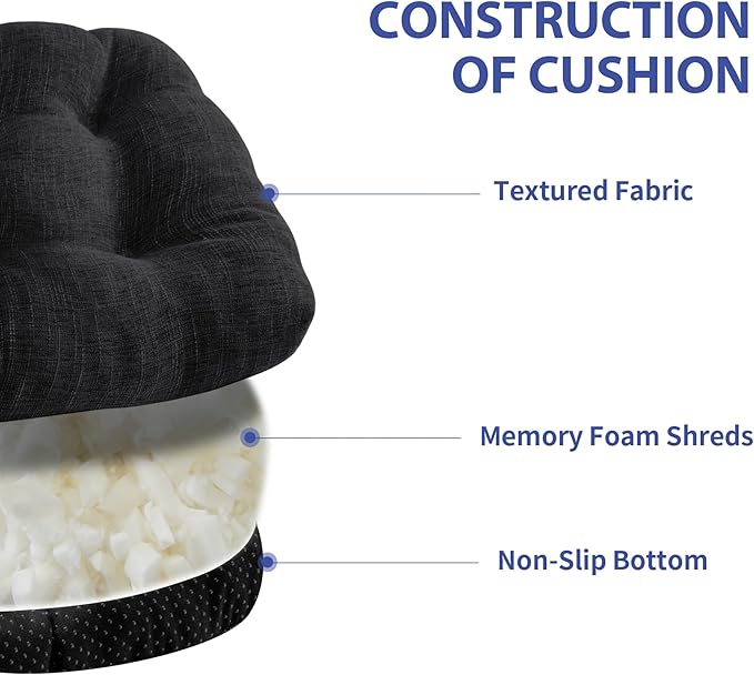 Chair Cushions for Dining Chairs Set of 6, Kitchen Chair Cushions, Chair Pads with Ties and Non Slip Backing, Tufted Memory Foam Seat Cushion 6 Pack, 15.5" x 15.5" x 4", Black