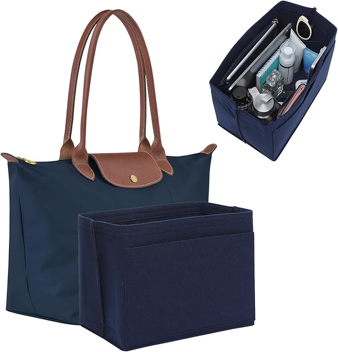 Premium Felt Purse Organizer Insert for Longchamp Le Pliage, Zipper Long Champ Bag Organizer Insert with Cup Holder, 9 Compartments