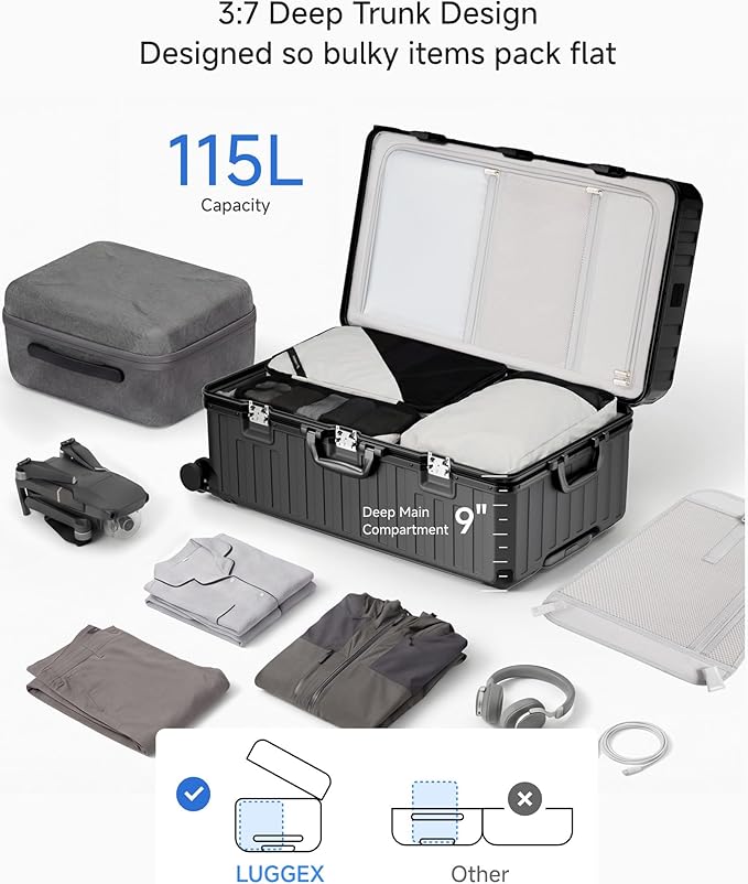 LUGGEX Checked Suitcase with Spinner Wheels, 8010S Aluminum Frame Zipperless Polycarbonate Hard Shell Suitcase with 5 Packing Cubes and a Shoe Bag (ZX-Core, Black, 30 Inch)