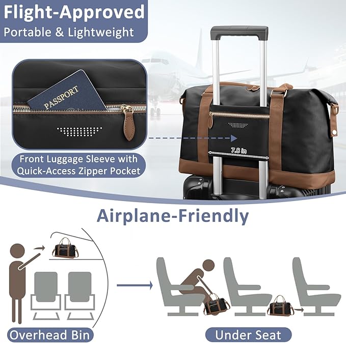Travel Duffle Bag for Women, Weekender Bags, Hospital Bag for Labor Delivery, Lightweight Tote Duffel Overnight Bag with Luggage Sleeve, Airplane Travel Bags with Toiletry Bag, Large, Black