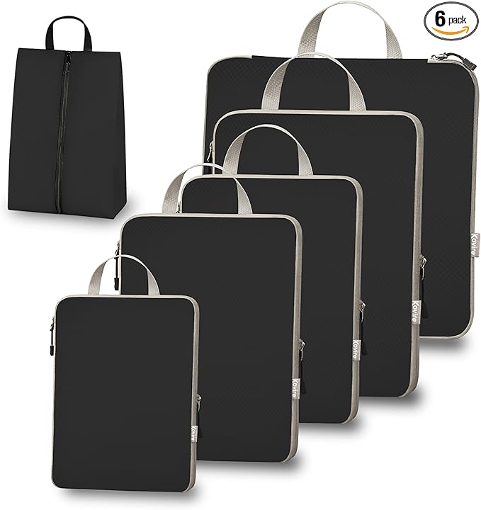 Compression Packing Cubes for Travel, Set of 6 Expandable Luggage Organizers with Shoe Bag, Lightweight Water-Resistant Suitcase Essentials for Carry-on & Checked Luggage, Black