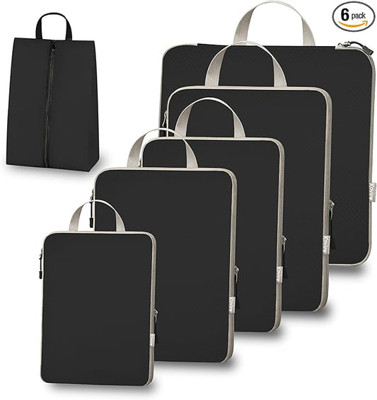 Compression Packing Cubes for Travel, Set of 6 Expandable Luggage Organizers with Shoe Bag, Lightweight Water-Resistant Suitcase Essentials for Carry-on & Checked Luggage, Black