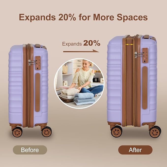 Romswi Expandable 22x14x9 Airline Approved 21" Carry On Luggage,Hardshell Suitcase with Double Spinner Wheels for 20% More Space, Lightweight Hardside Luggage, Scratch-Resistant & YKK Zipper,Purple