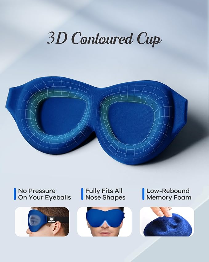 Sleep Eye Mask, 3D Contoured 100% Blackout Eye Mask, Sleep Mask with Adjustable Strap, Night Blindfold for Women Men, Eye Mask for Sleeping, Blue
