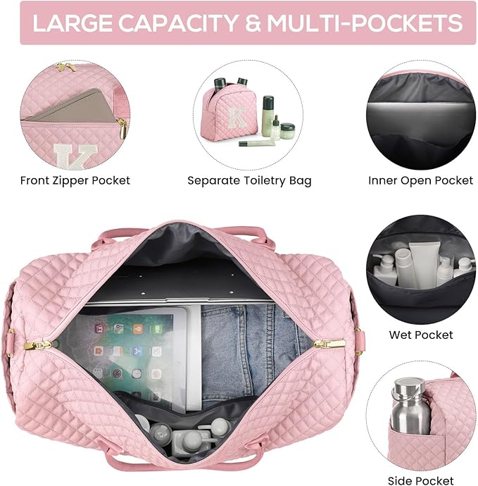 Letter Weekender Bags for Womens - Duffle Bag with Shoe Compartment Personalized Overnight Bag with Toiletry Bag Duffel Bags for Gym Hospital Bags Gift for Women Pink (Letter K)