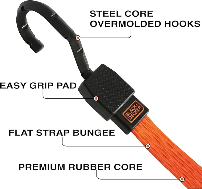 Black+Decker BDX1010-32PK Black/Orange 24" Flat Bungee Cord Straps, 32 Pack