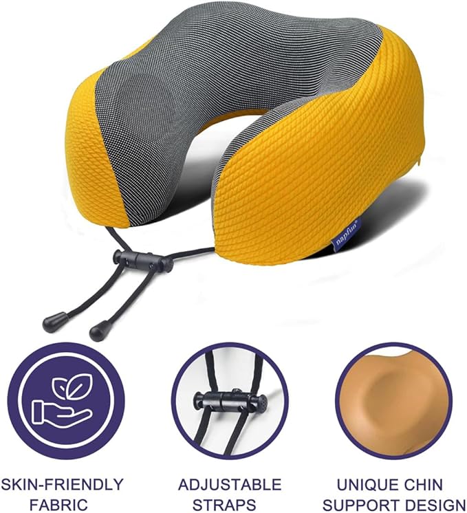 napfun Neck Pillow for Travel with Travel Pouch, Sleep Mask & Earplugs, Memory Foam Airplane Pillow for Headrest Sleep with Eyeshades, Plane Essentials with Eye Blindfold, Yellow Striped Kit
