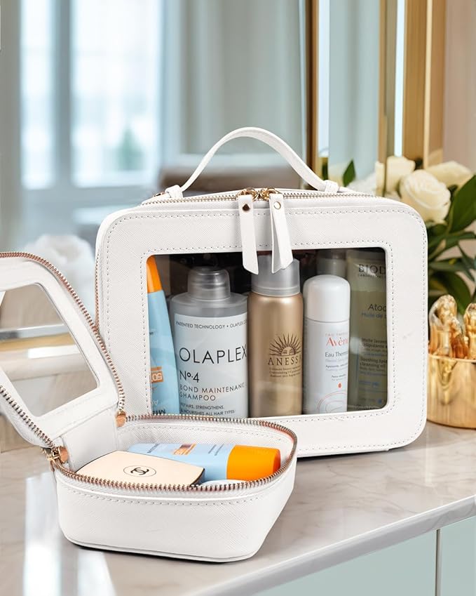 LETGO Clear Makeup Bags Set - TSA Approved Toiletry Bag with Handle Large Opening, Clear Toiletry Bags Case Pouch for Traveling Travel Car Orangizer Storage Essentials (Mini+Large White)