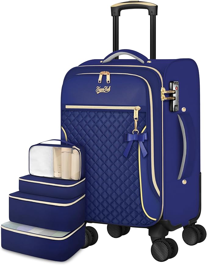 Carry On Luggage 22x14x9 Airline Approved, 20 Inch Softside Suitcase with 4 Pcs, Lightweight Luggage for Women with TSA Lock and 4 Spinner Wheels, Soft Side Carry-on Suitcases for Travel, Blue