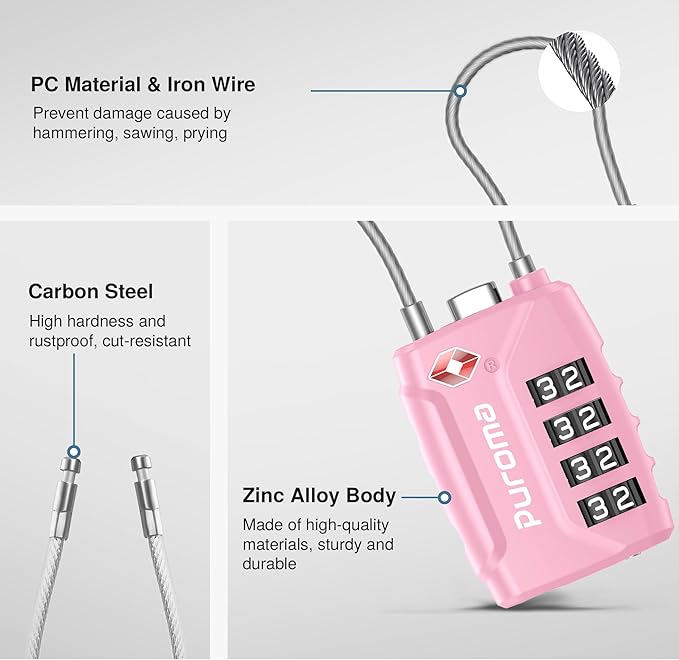 Puroma 2 Pack TSA Approved Luggage Locks, 4 Digit Combination Travel Cable Locks Resettable Code Lock with Zinc Alloy Body for Suitcase, Toolbox, Backpack, Bag, Gym Locker (Basic Pink)
