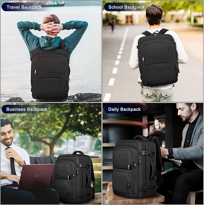 Travel Backpack for Women, 52L Carry On Backpack, Extra Large Expandable Travel Bag, 18.4 Inch TSA Flight Approved Luggage Business Daypack with USB, Teacher Traveling Rucksack, Black